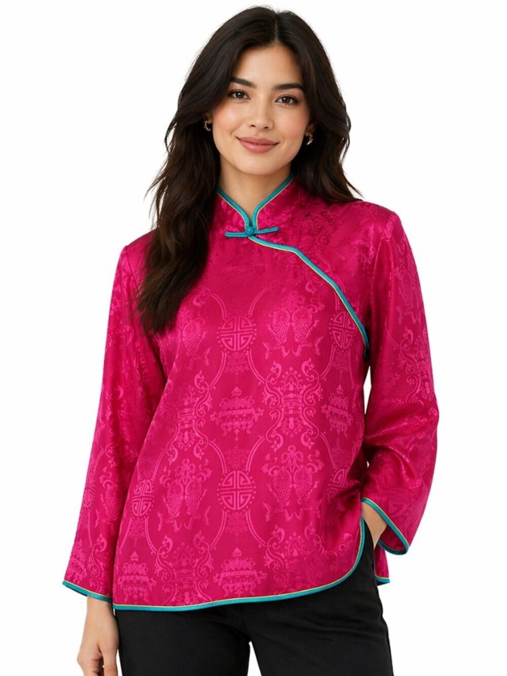 Vintage Neiman Marcus Magenta Silk Jacquard Cheongsam Qipao Top